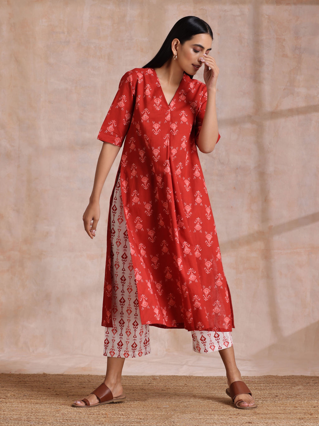 trueBrowns Red On Red Ikat Print Cotton Kurta Pant Set | Grocsy