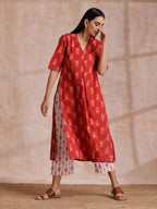 trueBrowns Red On Red Ikat Print Cotton Kurta Pant Set | Grocsy