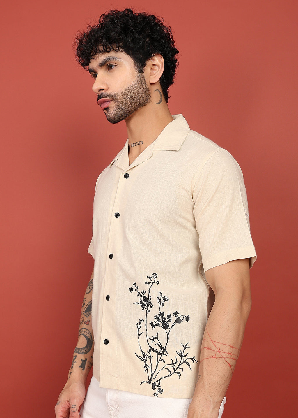 Fabmade Beige Bloom Embroidered Resort Shirt | Grocsy