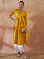 InWeave Women's Mustard Mirror Work Flared Kurta | Grocsy