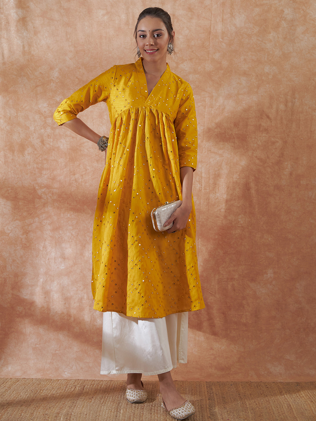 InWeave Women's Mustard Mirror Work Flared Kurta | Grocsy