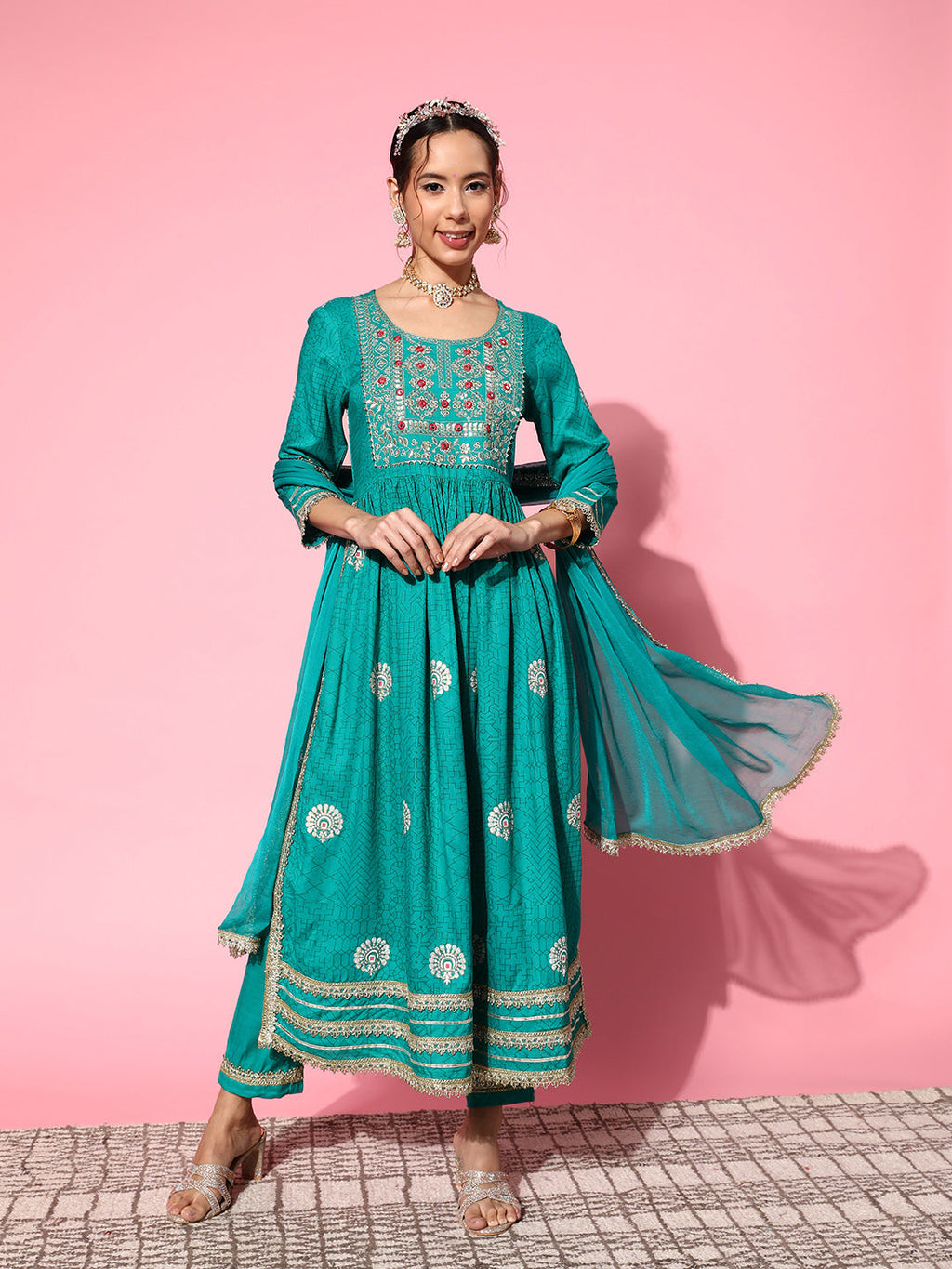 InWeave Women's Teal Nyra Cut Embroidered Kurta Set With Dupatta | Grocsy