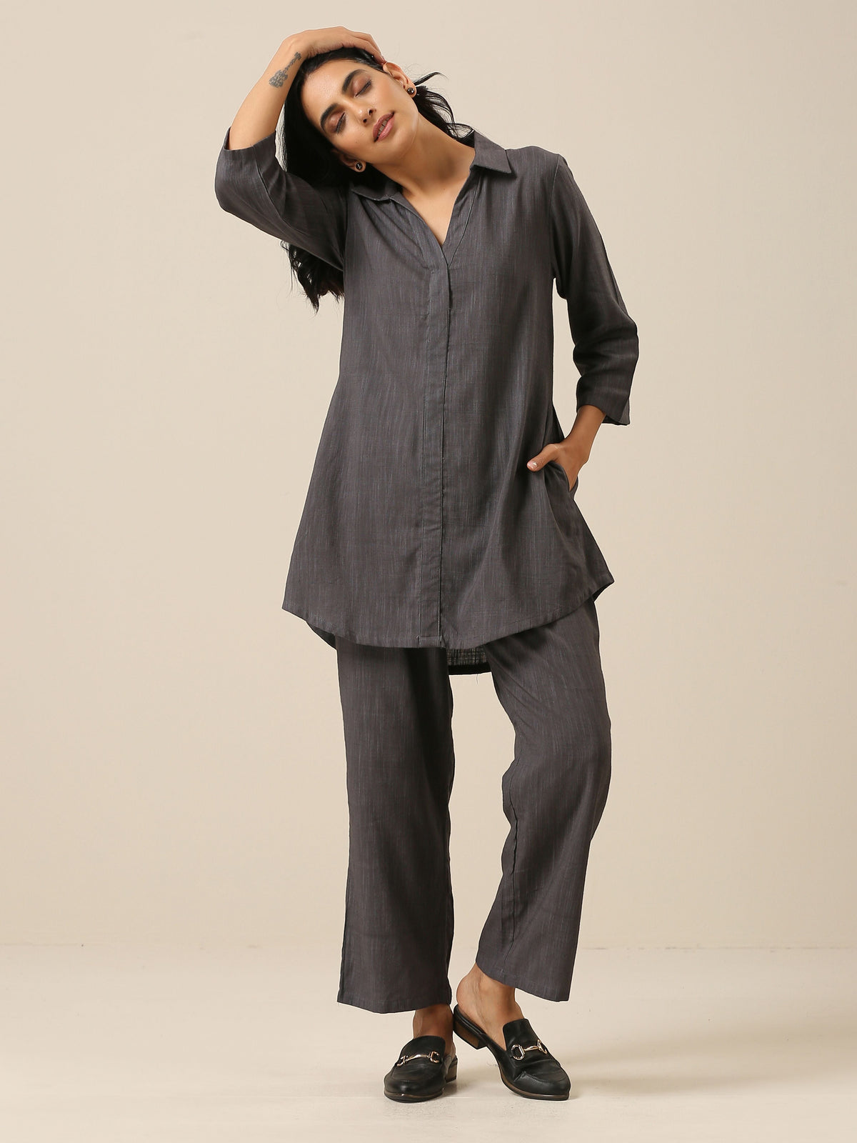 trueBrowns Slate Grey Slub Texture Collar Short Co-Ord Set | Grocsy