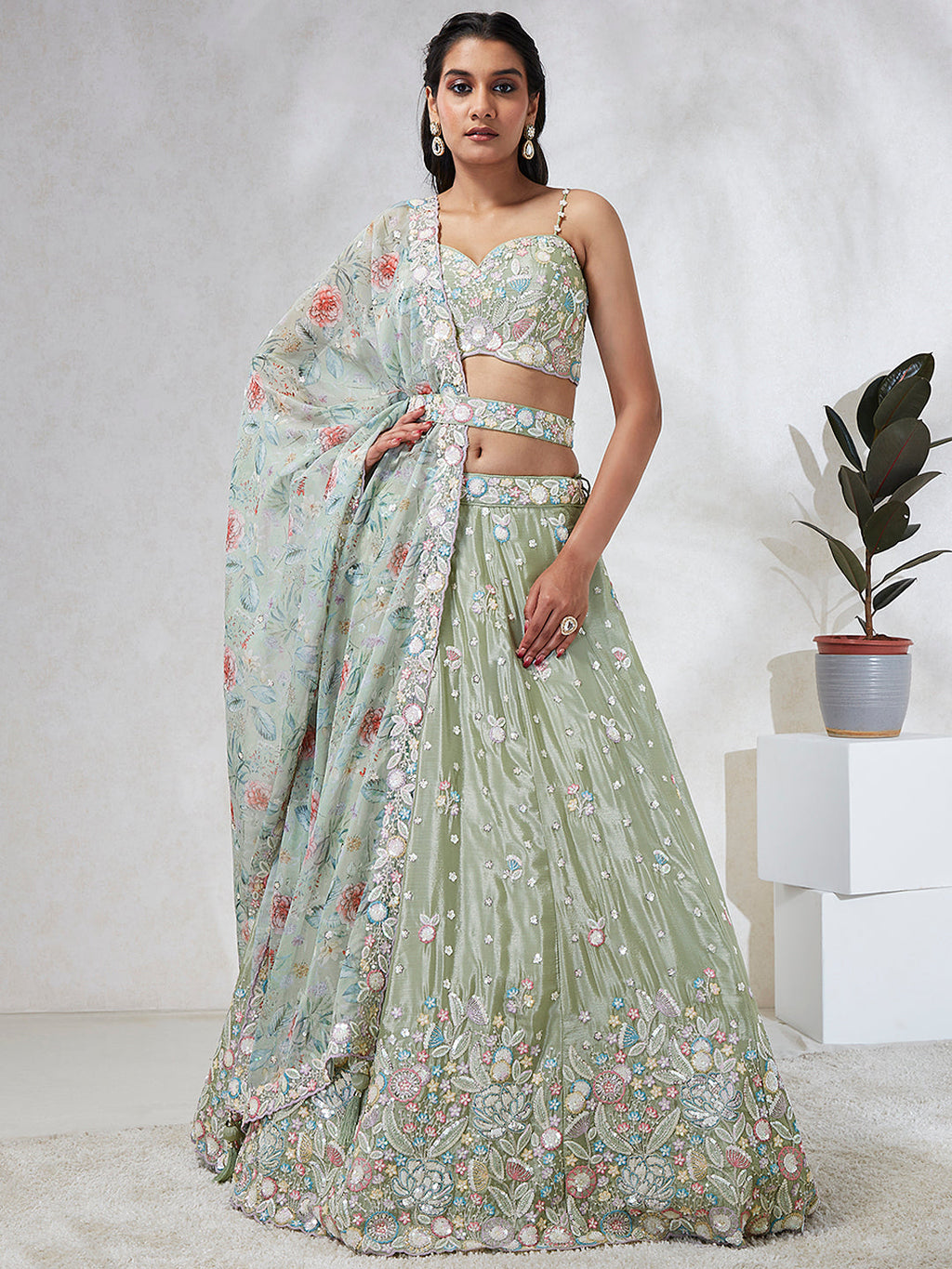 House of Panchhi Lime Green Chiffon Sequins And Thread Embroidery Lehenga Choli & Dupatta | Grocsy
