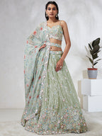 House of Panchhi Lime Green Chiffon Sequins And Thread Embroidery Lehenga Choli & Dupatta | Grocsy