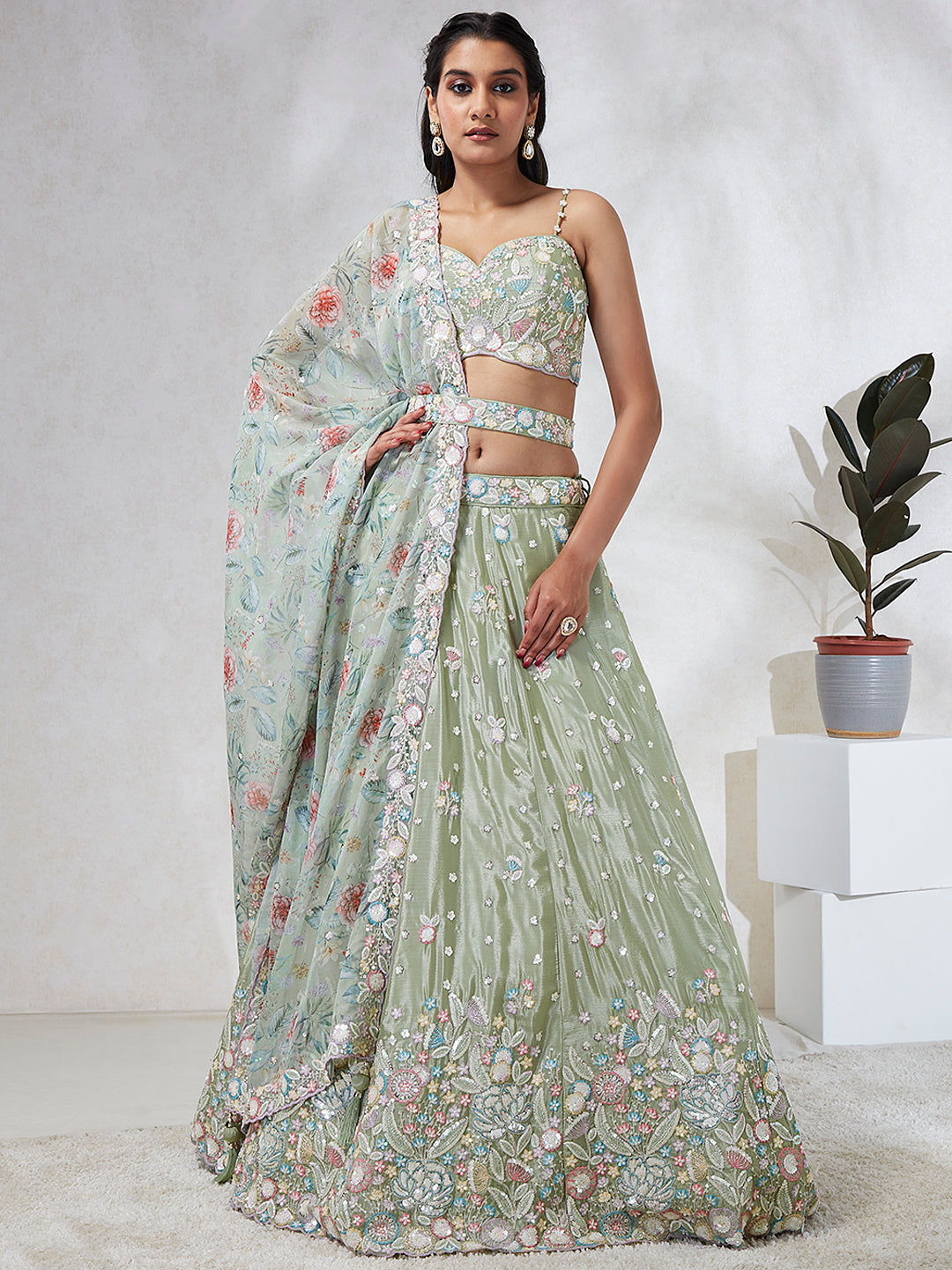 House of Panchhi Lime Green Chiffon Sequins And Thread Embroidery Lehenga Choli & Dupatta | Grocsy