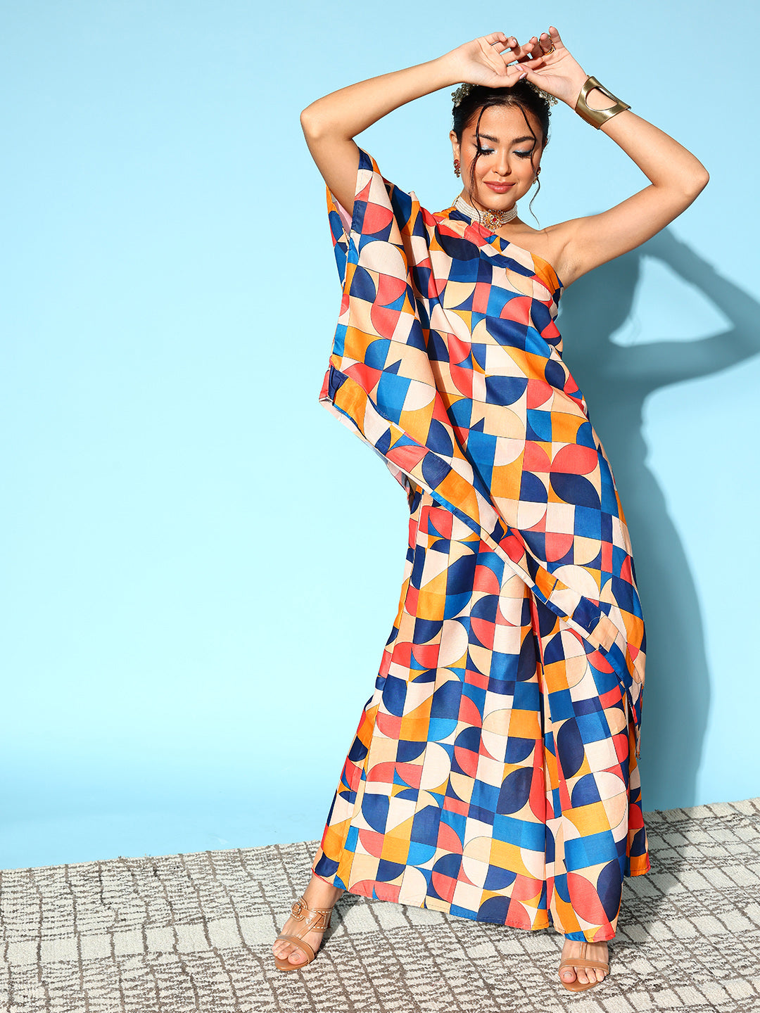 InWeave Women's Multi Geometric Print One Shoulder Top With Palazzo Set | Grocsy