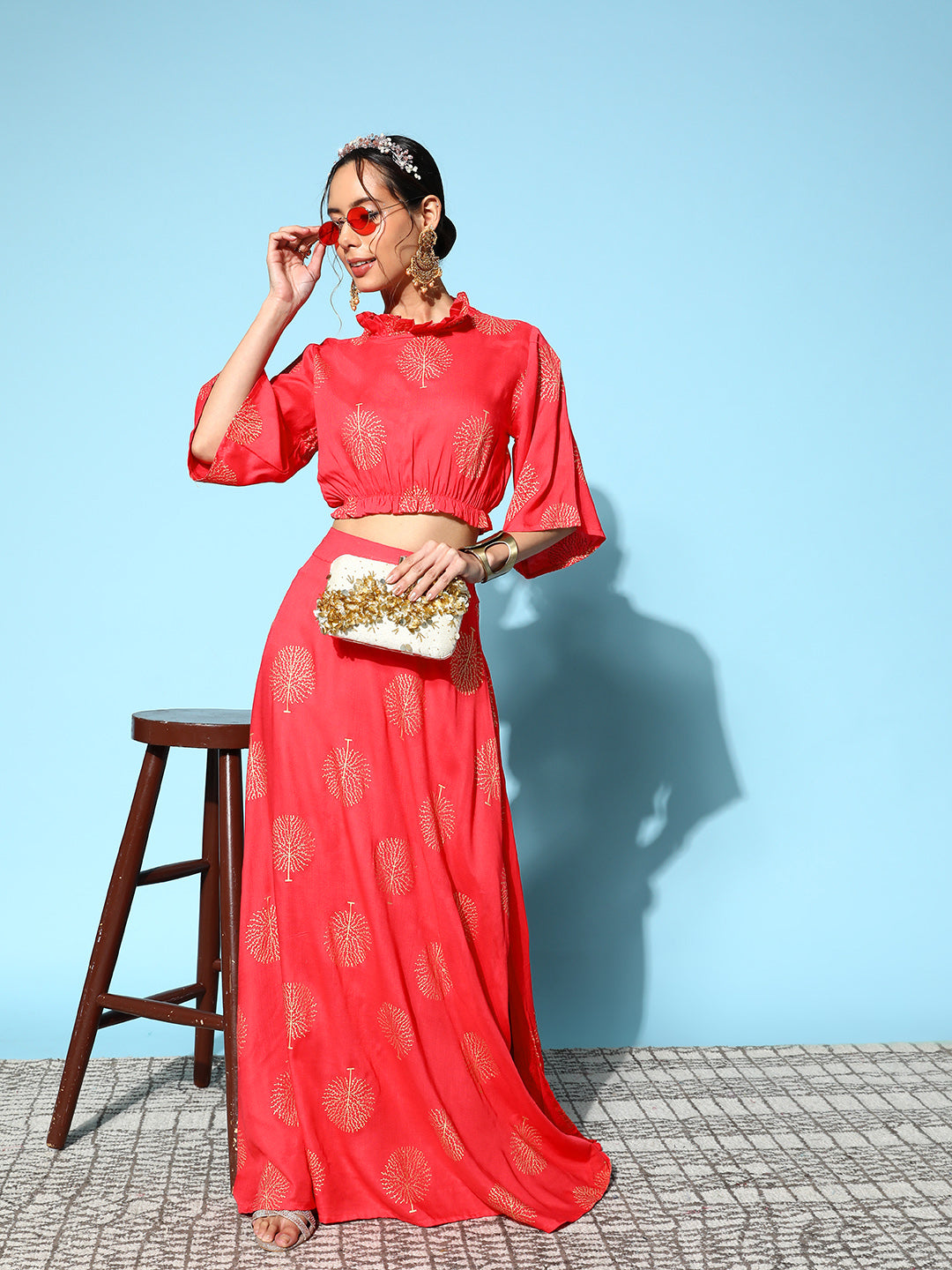 InWeave Women's Red Gold Printed Crop Top With Side Slit Skirt | Grocsy