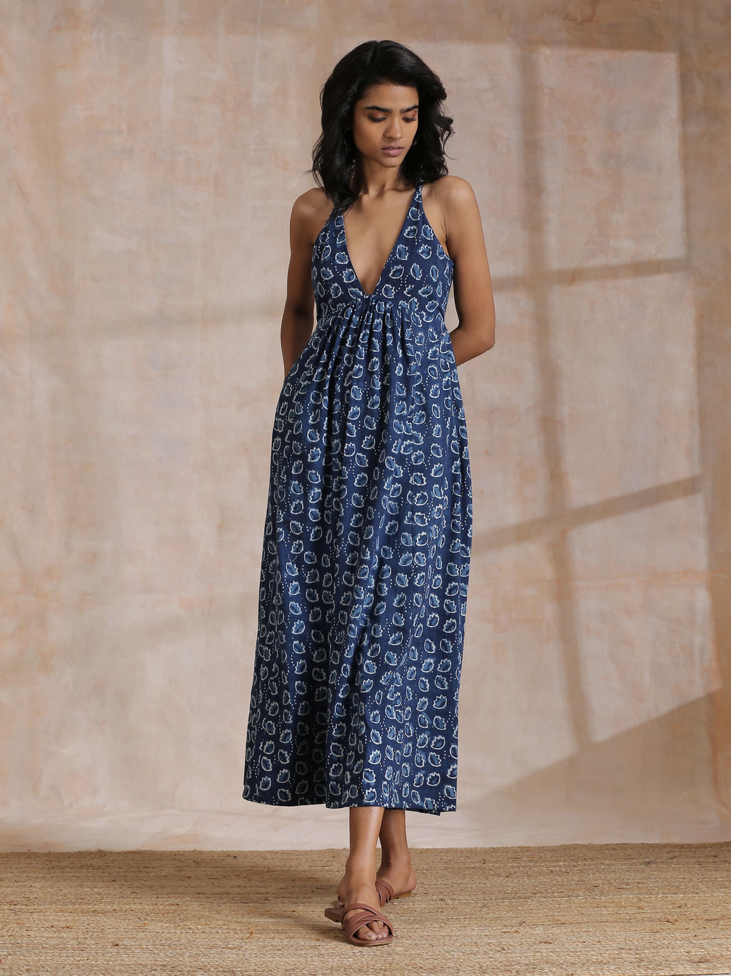 trueBrowns Indigo Dabu Floral Print Cotton Sleeveless Dress | Relove | Grocsy