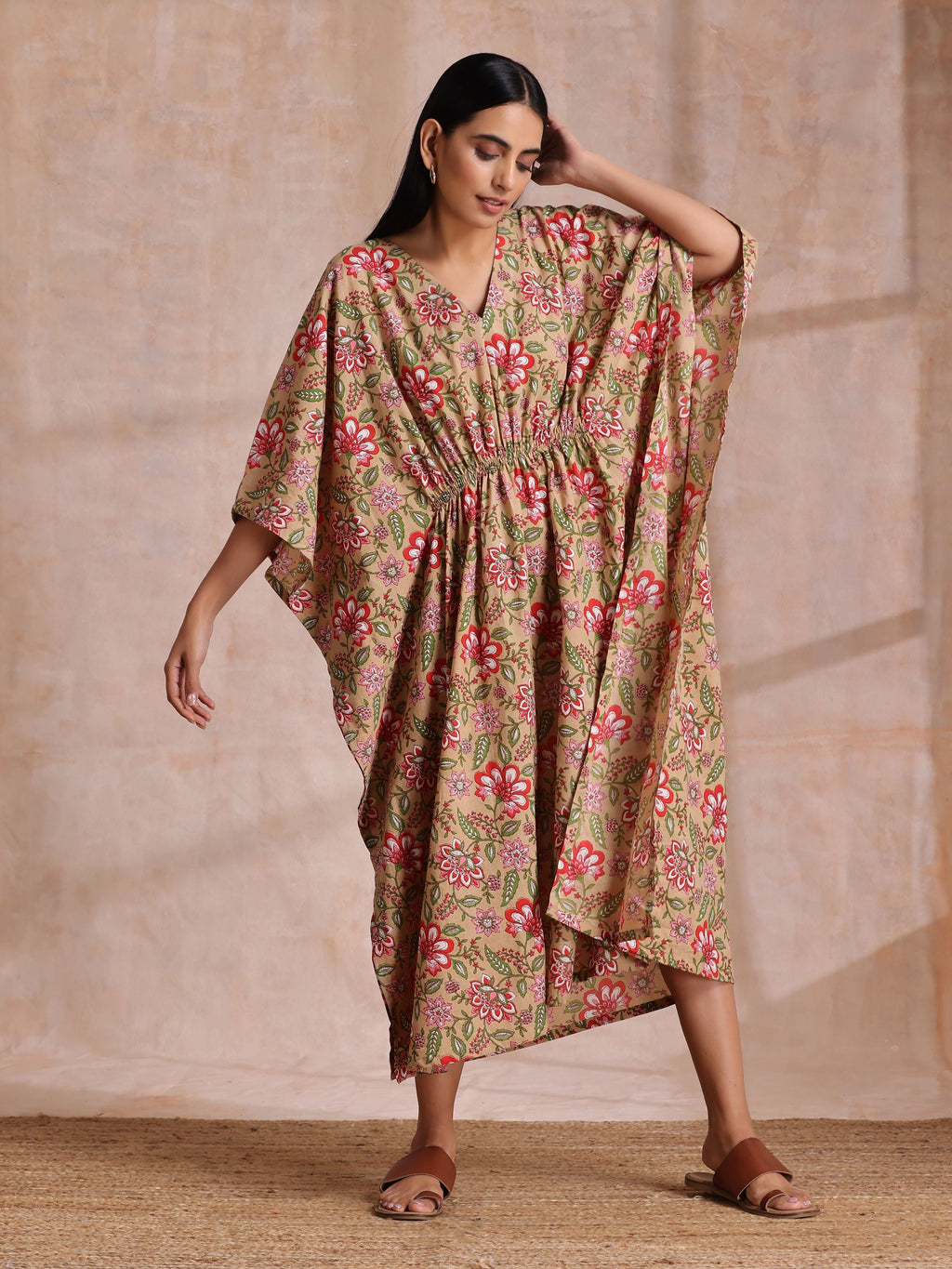 trueBrowns Beige Overall Big Floral Block Print Cotton Kaftan Dress | Grocsy