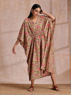 trueBrowns Beige Overall Big Floral Block Print Cotton Kaftan Dress | Grocsy