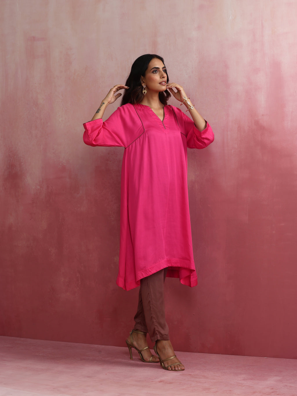 trueBrowns Pink Modal Kimono Kurta Set | Grocsy