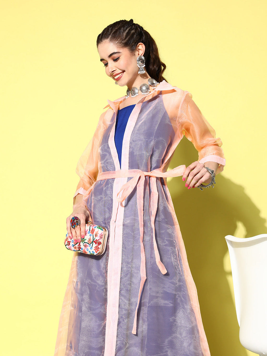 InWeave Women's Ink Blue Strappy Kurta Set With Peach Organza Cape | Grocsy