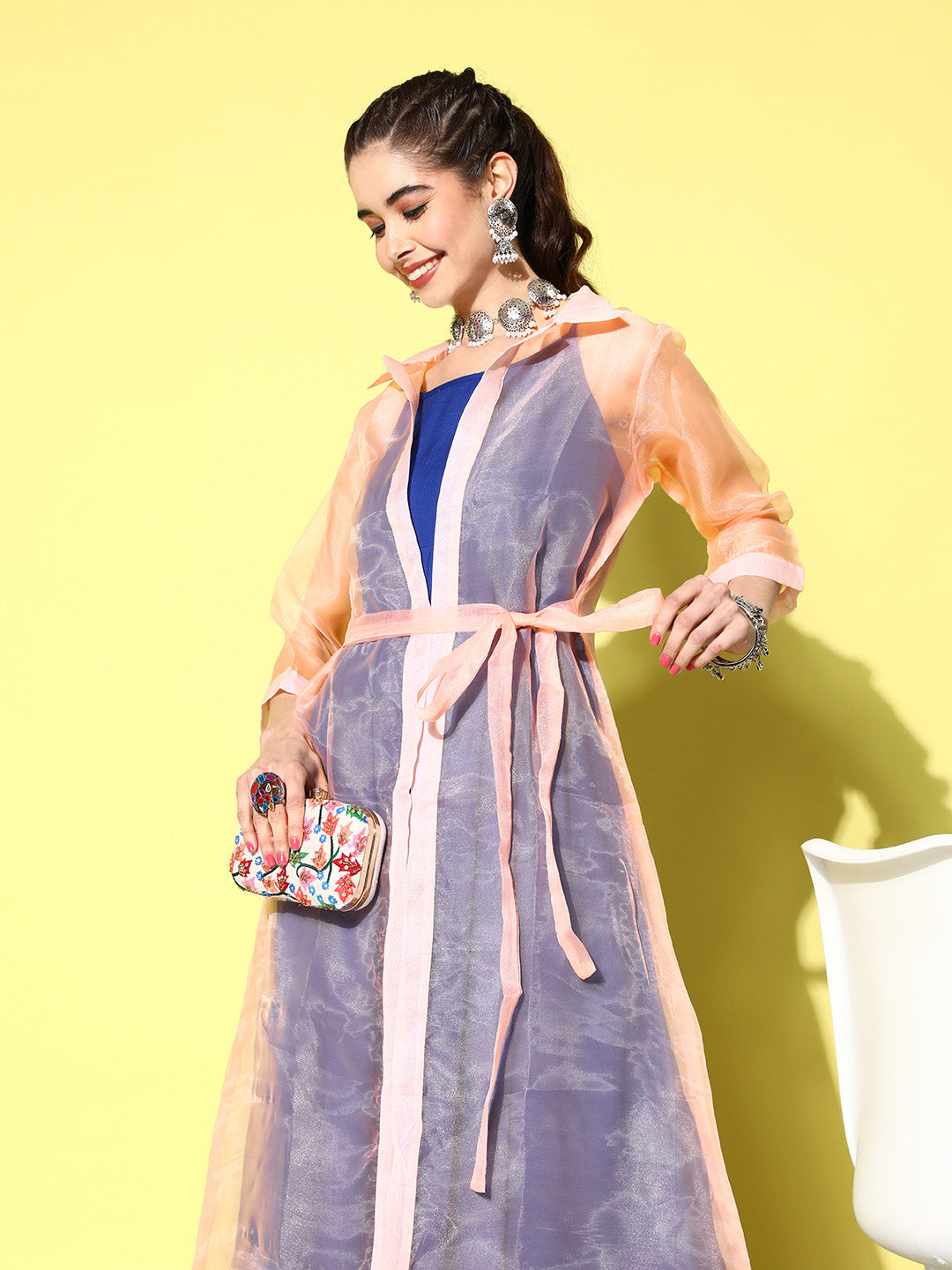 InWeave Women's Ink Blue Strappy Kurta Set With Peach Organza Cape | Grocsy