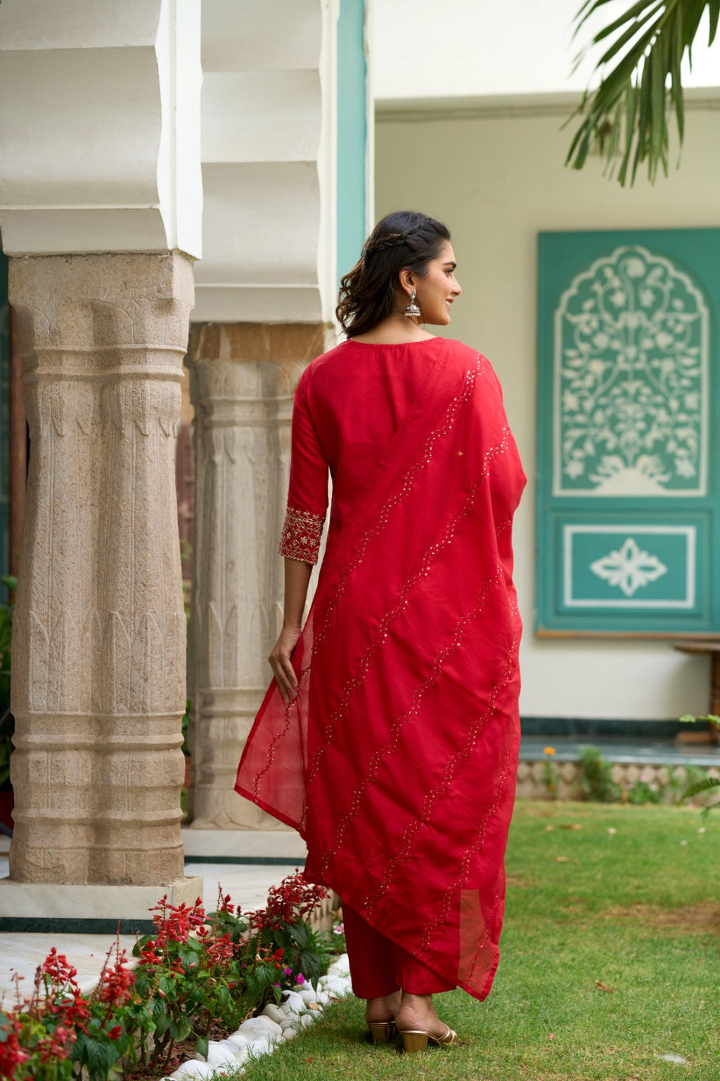 The52 Gajari Red Embroidered Chanderi Fabric Straight Kurta, Pant and Dupatta Set | Grocsy