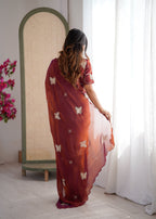 Evanik Rust Mos Silk With Handwork Butterfly Design Saree With Unstitched Blouse | Grocsy