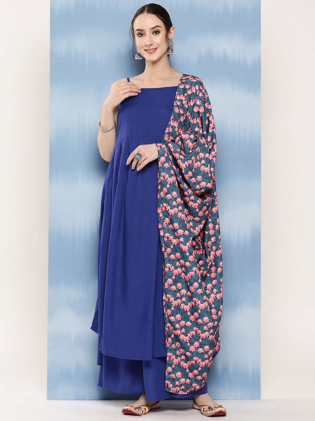 InWeave Women's Ink Blue Strappy Set With Navy Pink Lotus Cr Dupatta | Grocsy