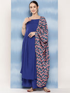 InWeave Women's Ink Blue Strappy Set With Navy Pink Lotus Cr Dupatta | Grocsy