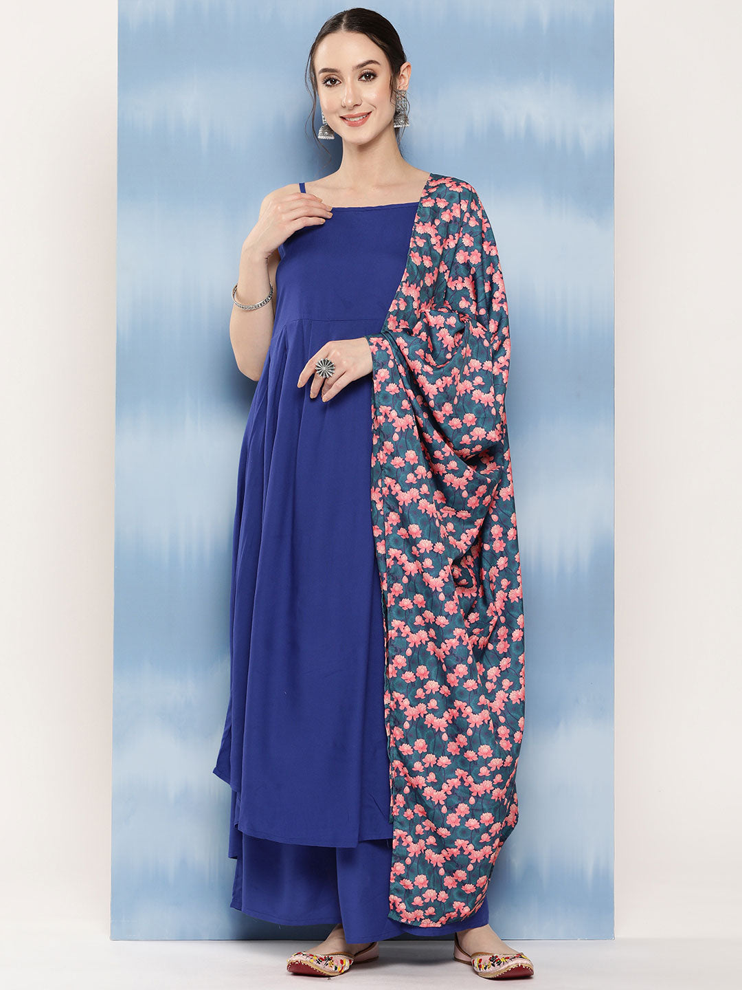 InWeave Women's Ink Blue Strappy Set With Navy Pink Lotus Cr Dupatta | Grocsy