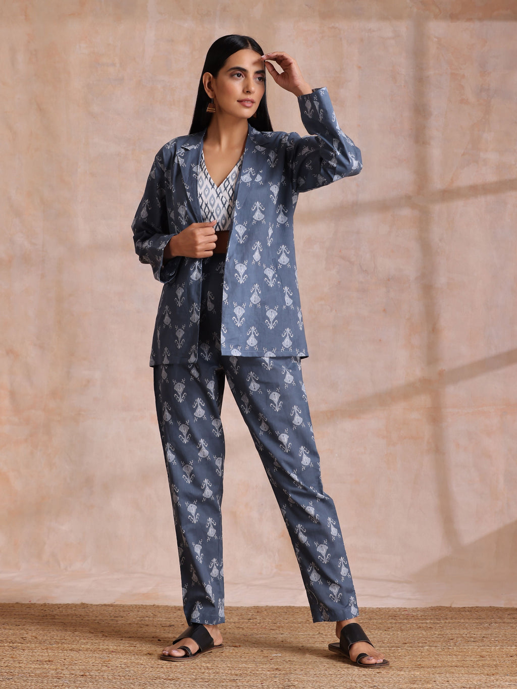 trueBrowns Grey On Grey Ikat Print Cotton Pant Suit Set | Grocsy