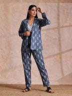 trueBrowns Grey On Grey Ikat Print Cotton Pant Suit Set | Grocsy