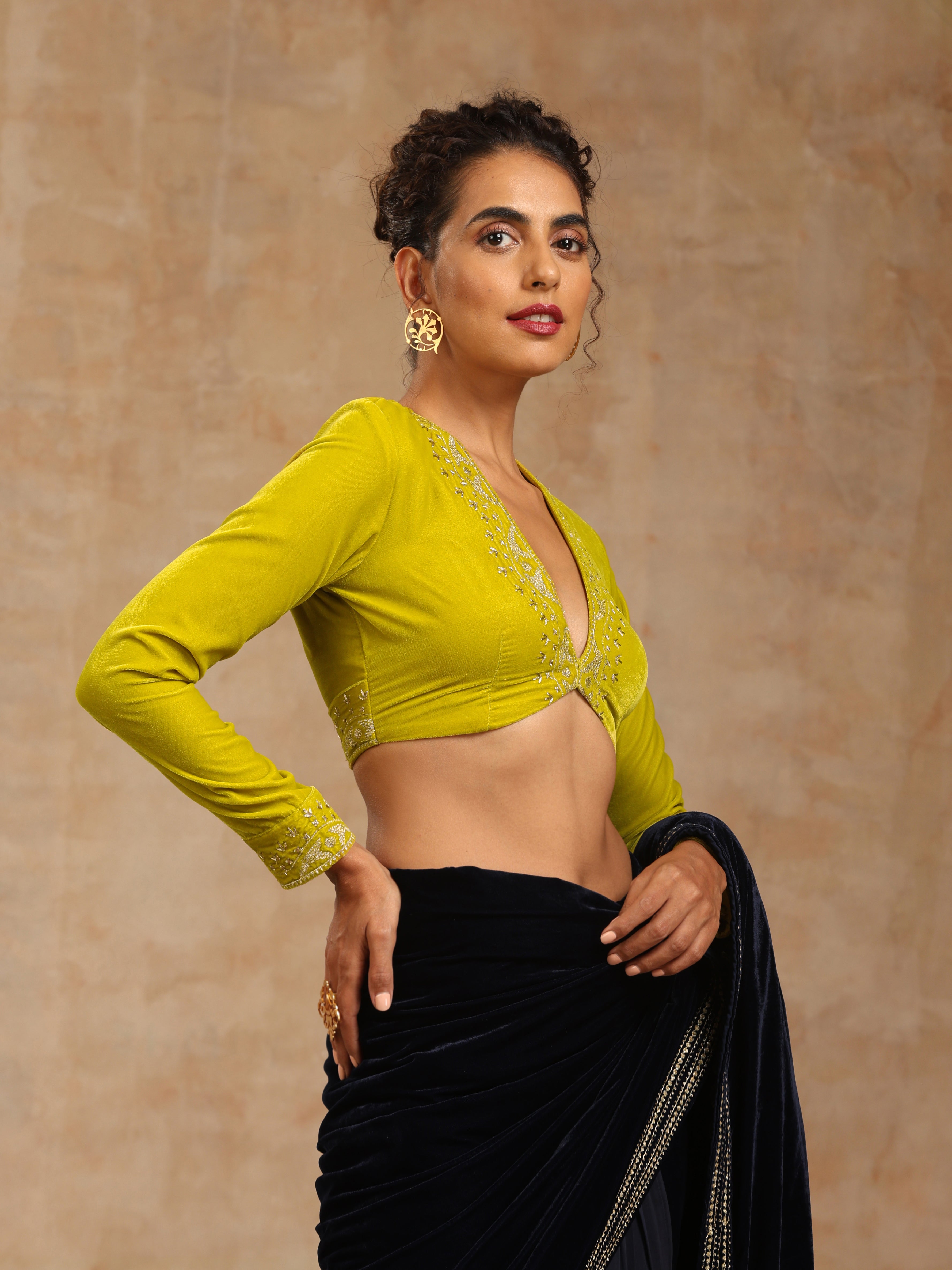 trueBrowns Lime Velvet Embroidered Blouse | Grocsy