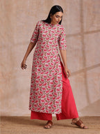trueBrowns Pink Brown Overall Floral On White Block Print Cotton Slit Kurta Pant Set | Grocsy