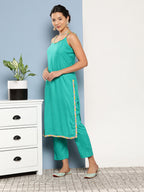 InWeave Women's Teal Lace Work Straight Strappy Kurta Set With Lime Green Chiffon Dupatta | Grocsy