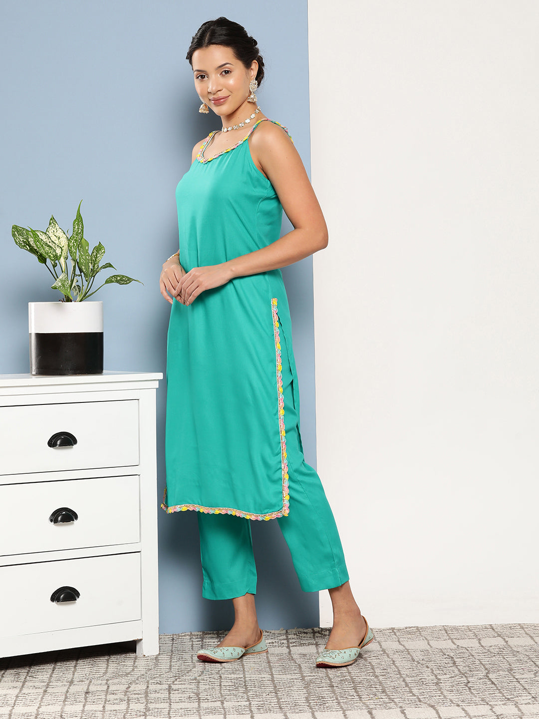 InWeave Women's Teal Lace Work Straight Strappy Kurta Set With Lime Green Chiffon Dupatta | Grocsy