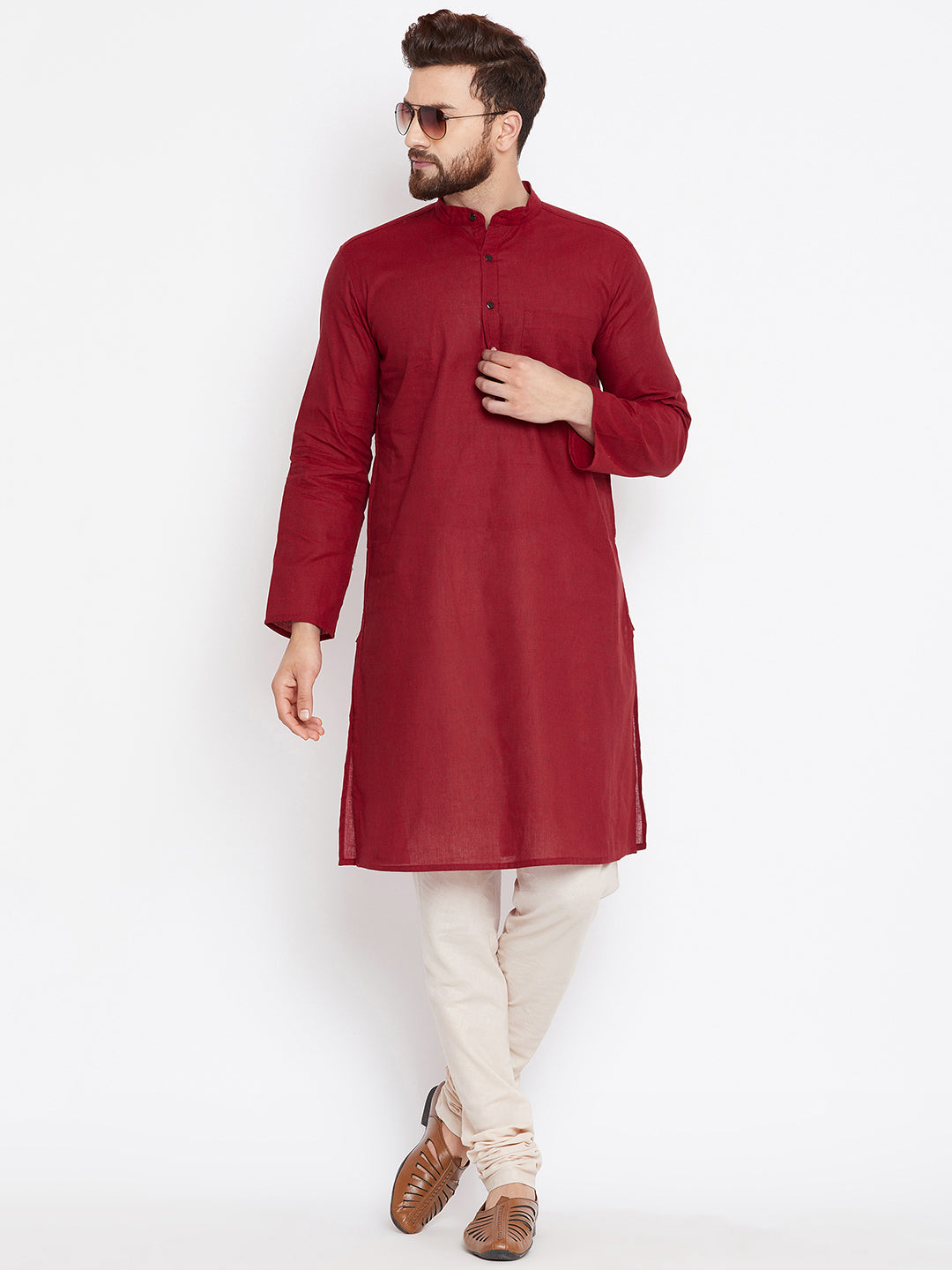 Even Apparels Maroon Pure Cotton Kurta With Band Collar | Grocsy