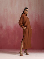 trueBrowns Brown Cotton Dobby Dress | Grocsy