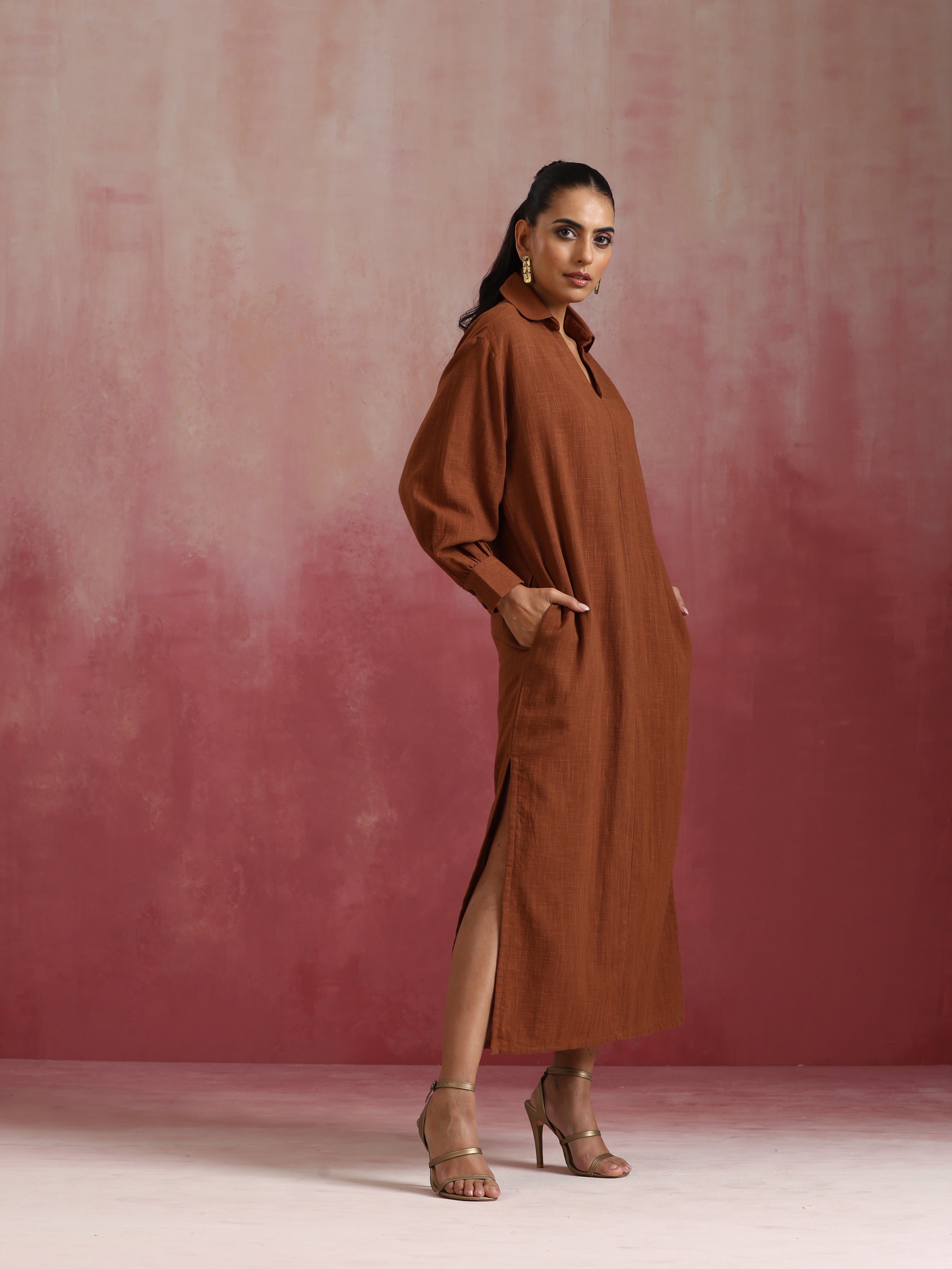 trueBrowns Brown Cotton Dobby Dress | Grocsy