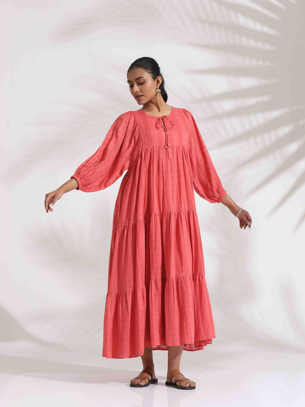 trueBrowns Pink Cotton Tier Dress | Grocsy
