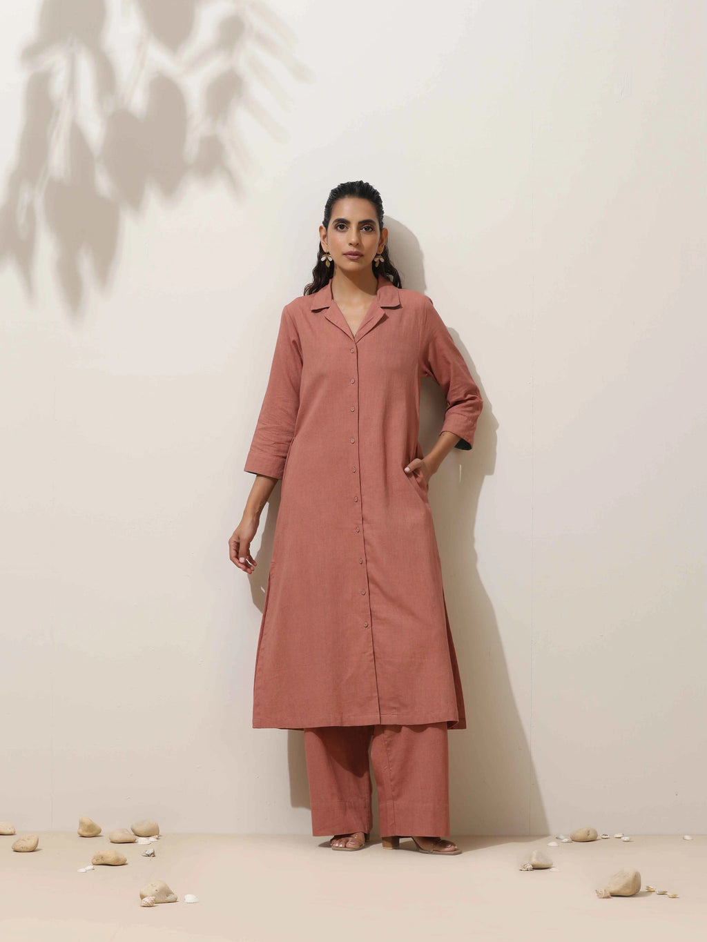 trueBrowns Peach Cotton Linen Kurta Pant Set | Grocsy