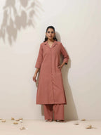 trueBrowns Peach Cotton Linen Kurta Pant Set | Grocsy
