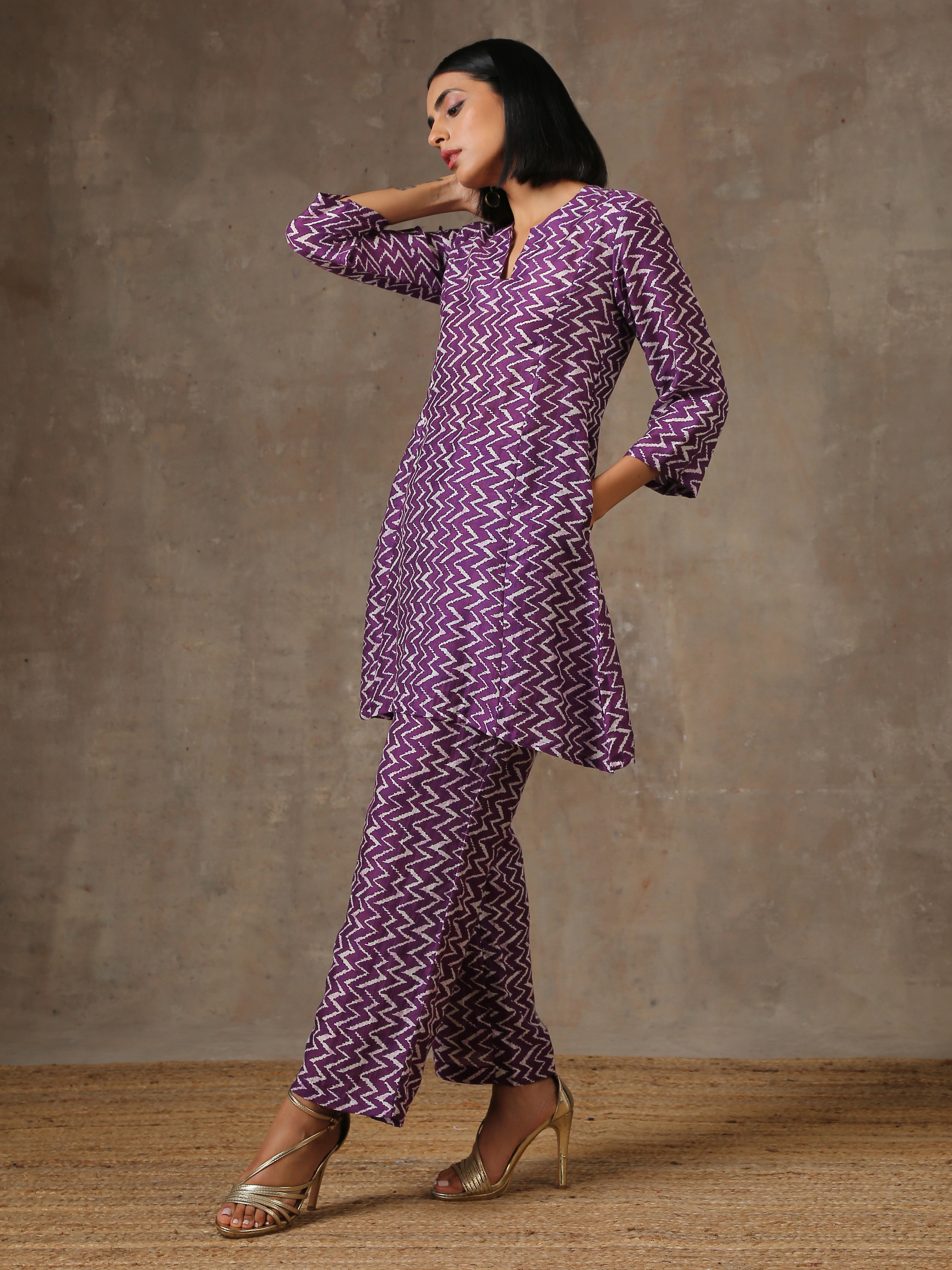 trueBrowns Purple White Lehariya Printed Silk Co-Ord Set | Grocsy