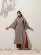 trueBrowns Grey Cotton Linen Kurta Pant Set | Grocsy