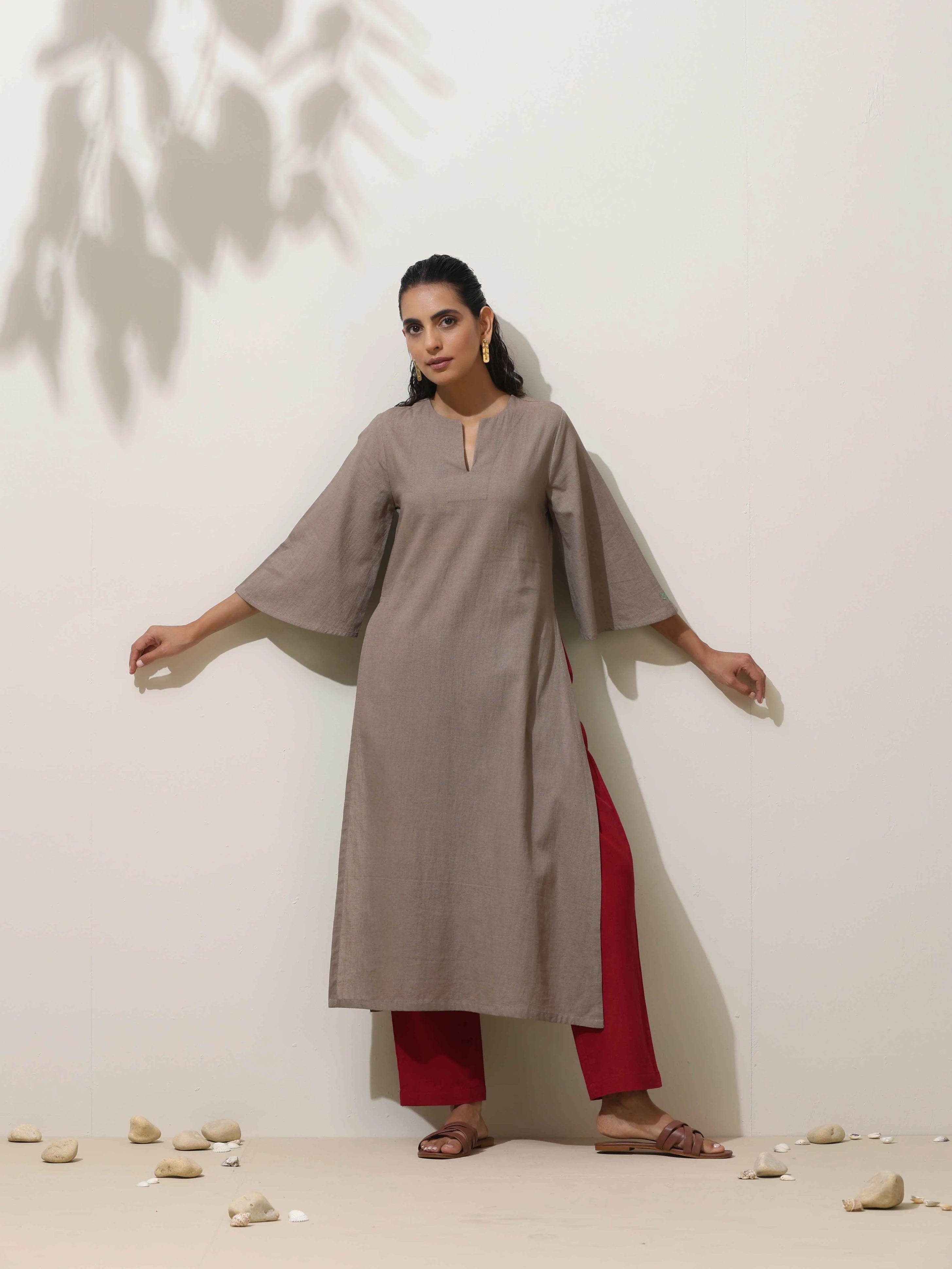 trueBrowns Grey Cotton Linen Kurta Pant Set | Grocsy