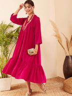 InWeave Women's Fuchsia Velvet Manderia V Neck Flared Dress | Grocsy