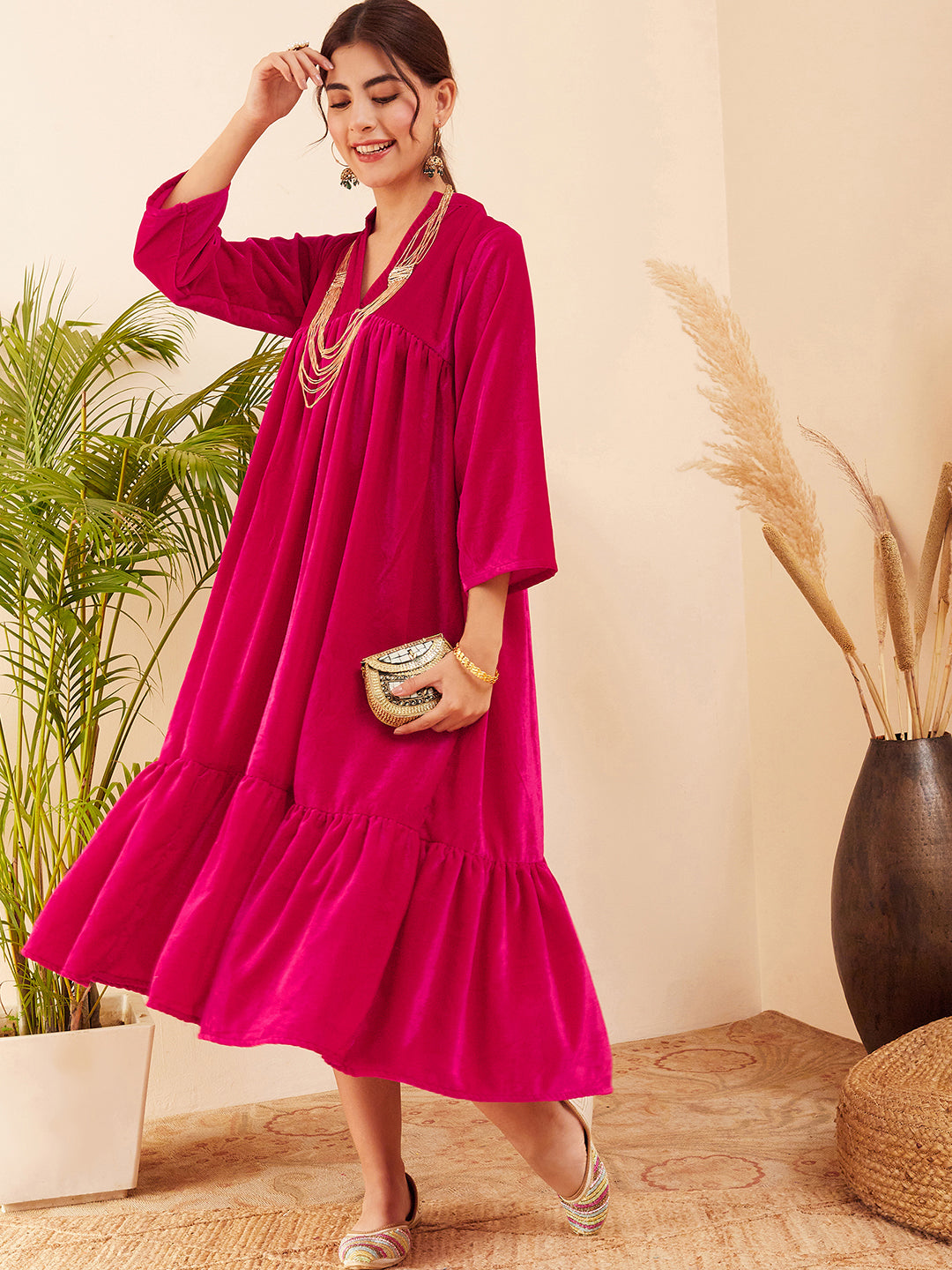 InWeave Women's Fuchsia Velvet Manderia V Neck Flared Dress | Grocsy