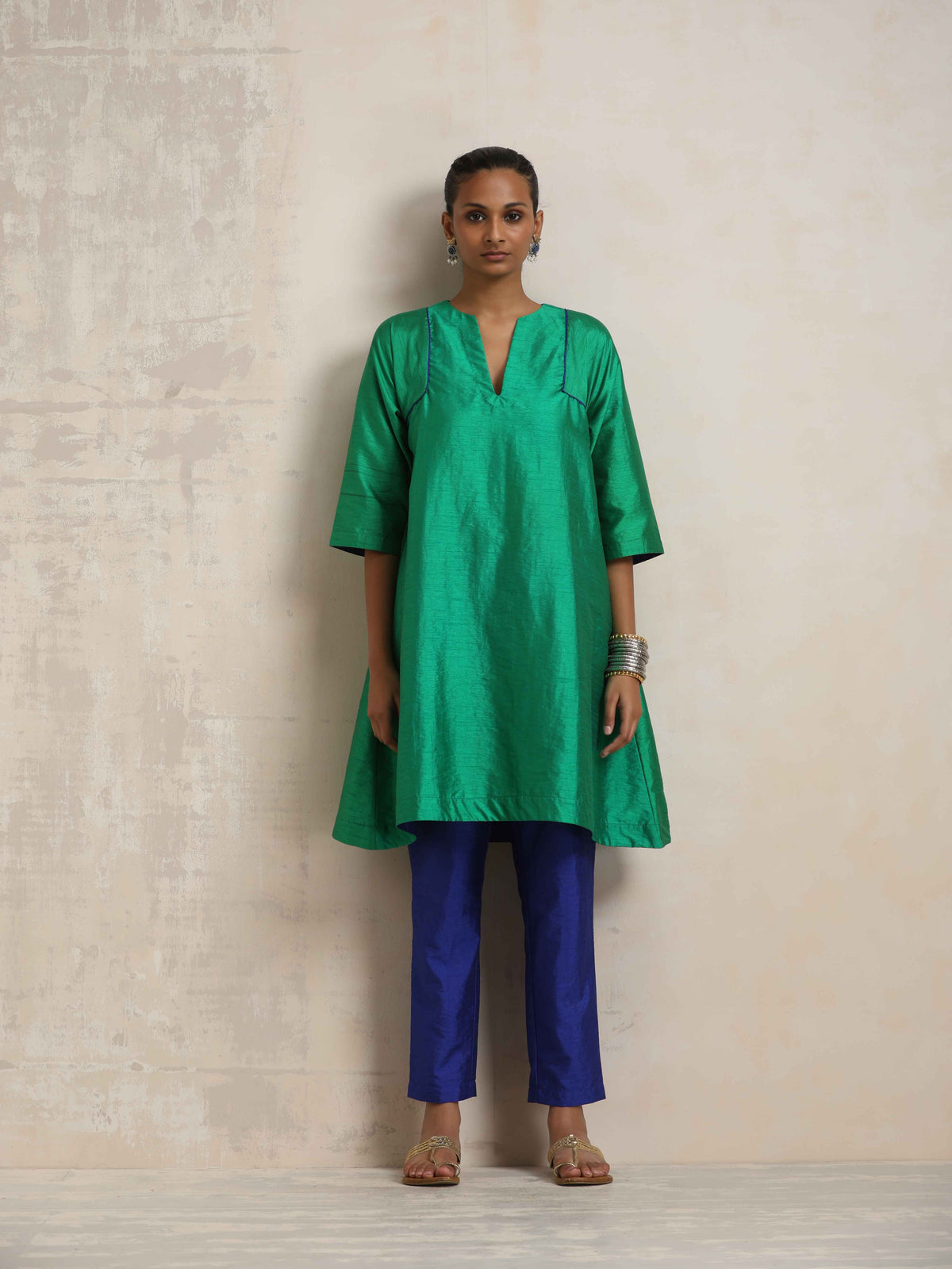 trueBrowns Bright Green Silk Kurta Co-ord Set | Grocsy