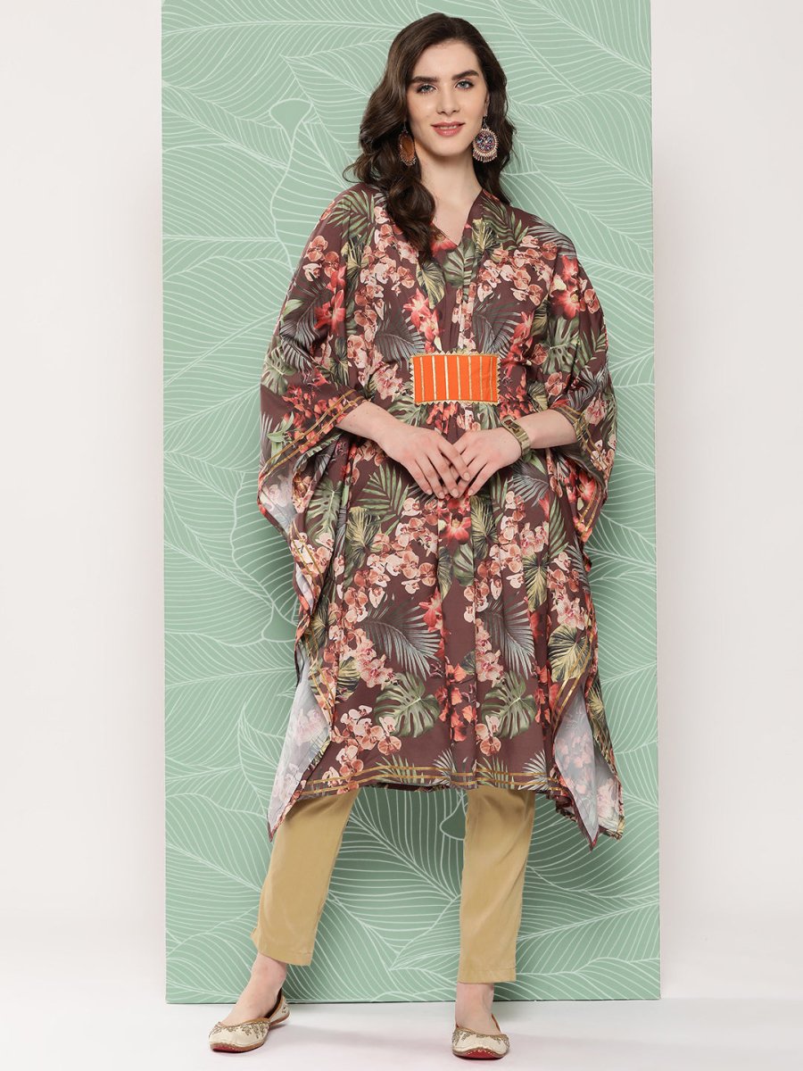 Ahalyaa Women Floral Printed Flared Sleeves Gotta Patti Crepe Kaftan Kurta | Grocsy
