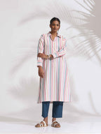 trueBrowns Off-White Cotton Multi Stripe A-line Kurta Set | Grocsy