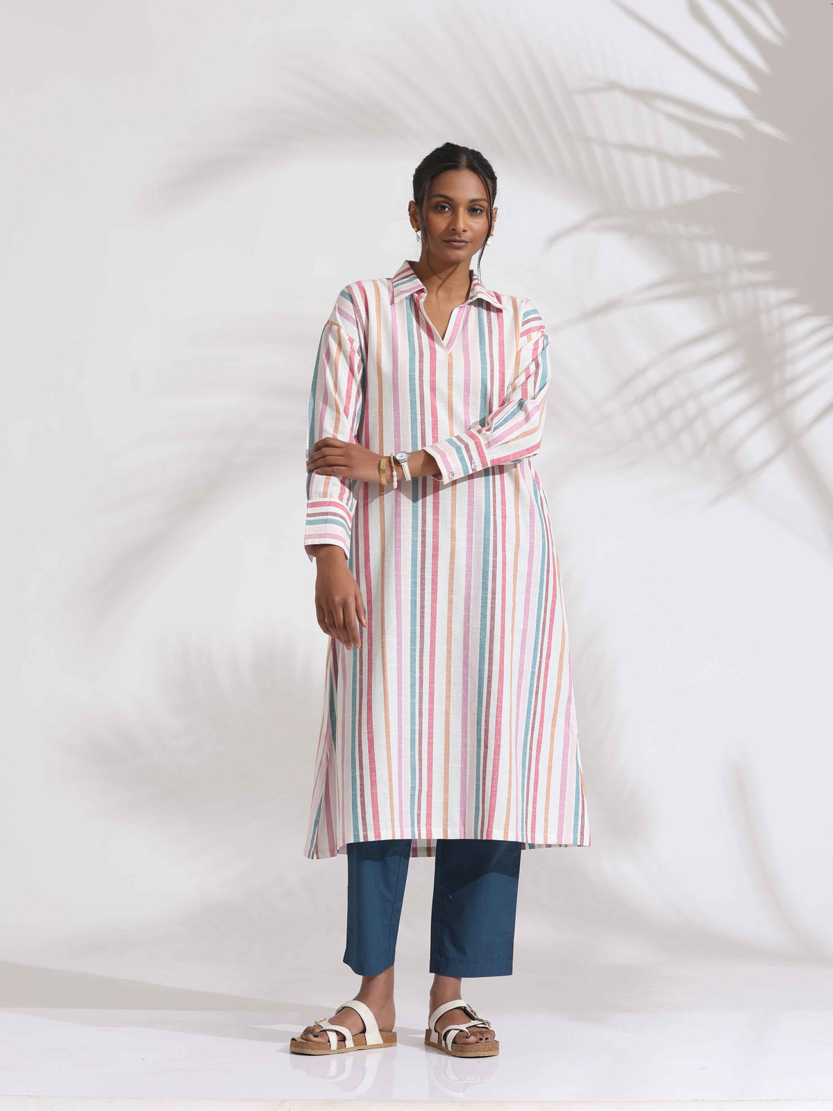 trueBrowns Off-White Cotton Multi Stripe A-line Kurta Set | Grocsy
