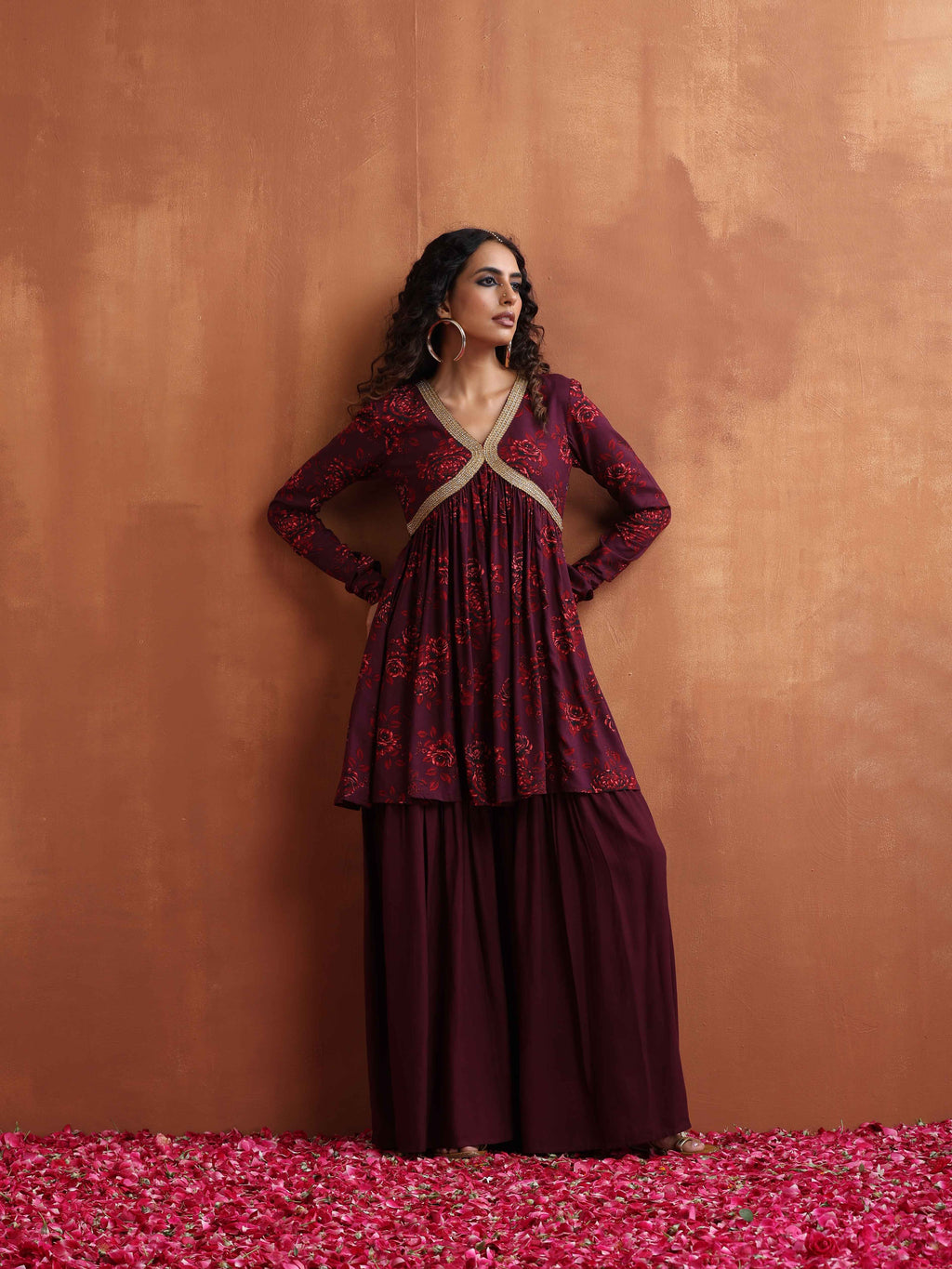 trueBrowns Purple Floral Print Sharara Set | Grocsy