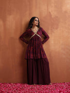 trueBrowns Purple Floral Print Sharara Set | Grocsy