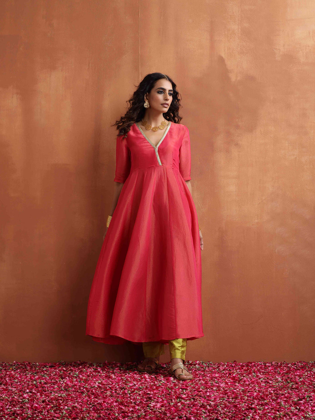 trueBrowns Hot Pink Tissue Flared Anarkali Kurta Set | Grocsy