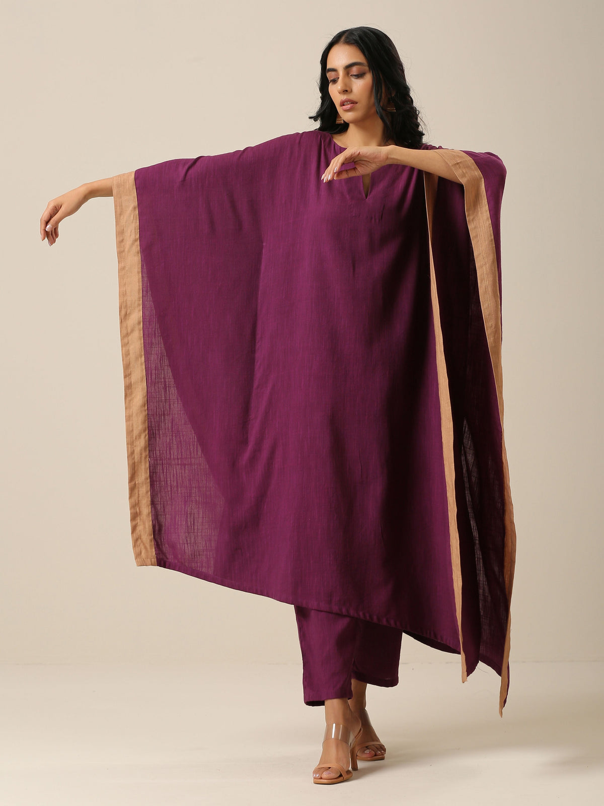 trueBrowns Plum Purple Slub Texture High Low Kaftan Pant Set | Grocsy