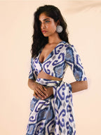 trueBrowns Blue Muslin Ikat Deep V-Neck Blouse | Grocsy