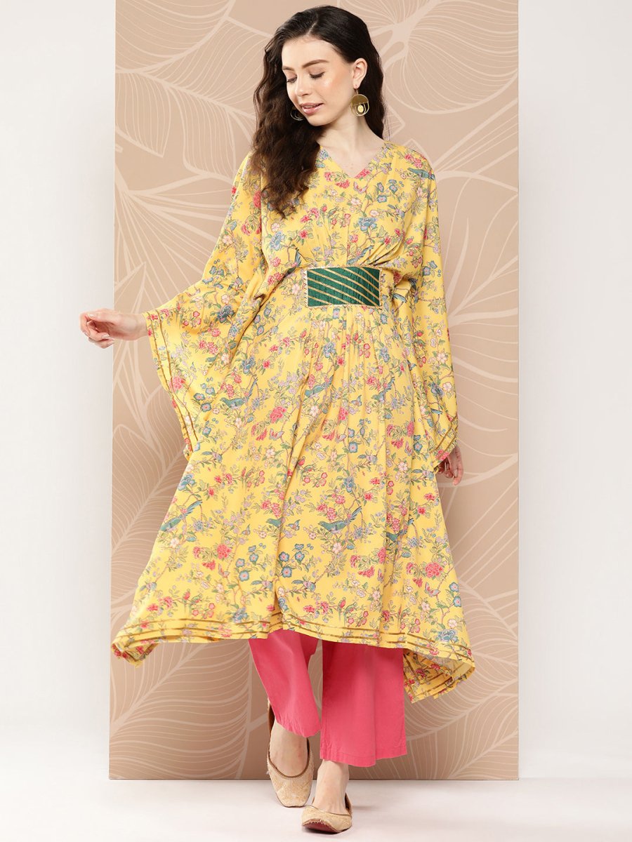 Ahalyaa Women Floral Printed Flared Sleeves Gotta Patti Floral Crepe Kaftan Kurta | Grocsy
